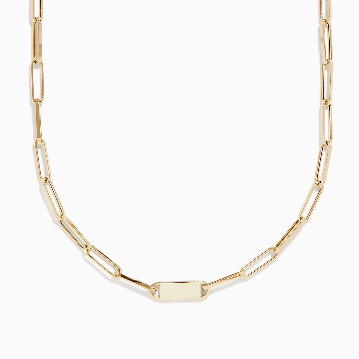 The 14K Yellow Gold 18 Paperclip Mini ID Necklace features elongated oval links and a rectangular center ID plate, displayed against a white background.
