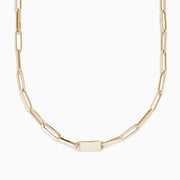 The 14K Yellow Gold 18 Paperclip Mini ID Necklace features elongated oval links and a rectangular center ID plate, displayed against a white background.