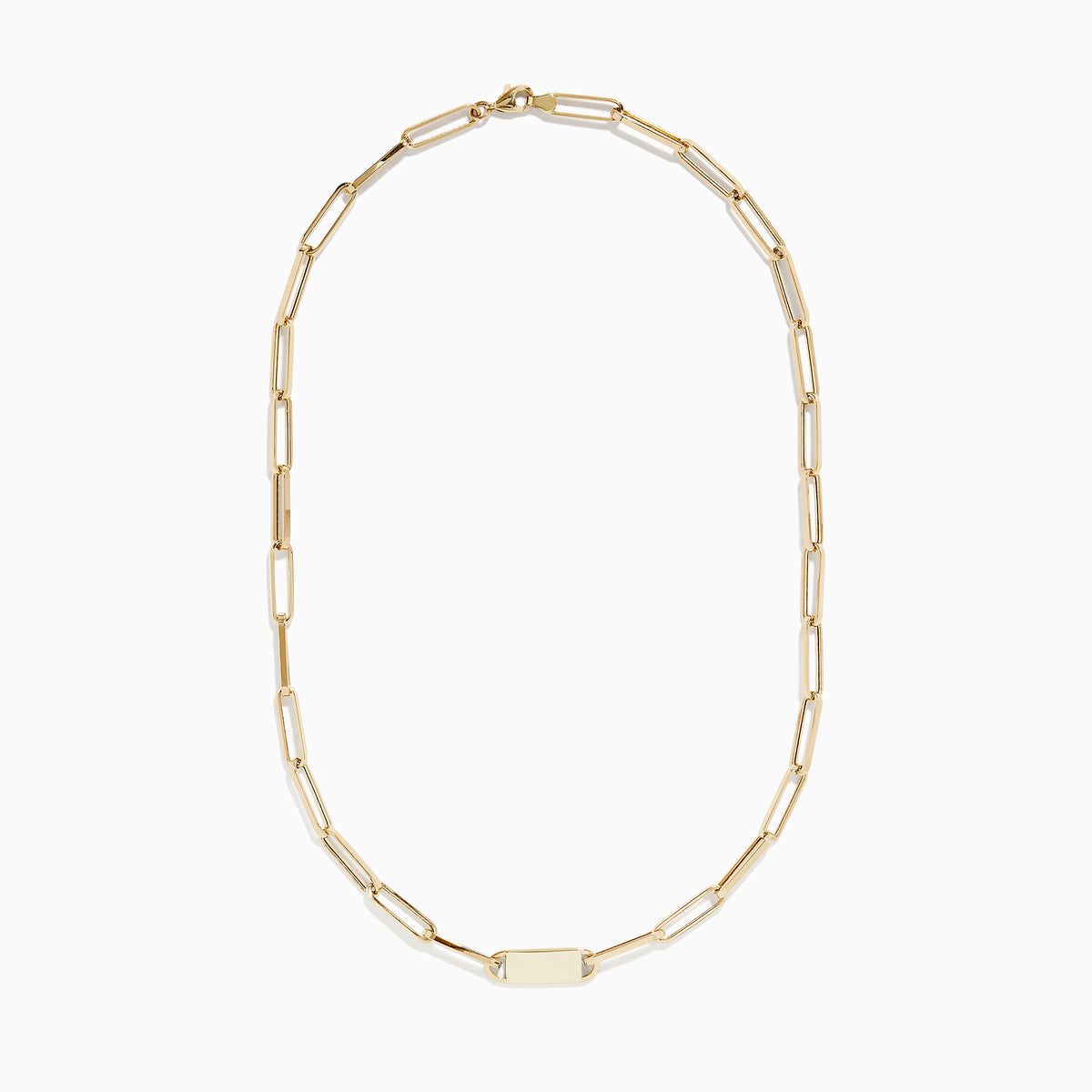 The 14K Yellow Gold 18 Paperclip Mini ID Necklace features elongated oval links and a rectangular center ID plate, displayed against a white background.