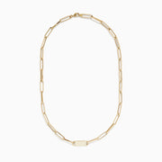 The 14K Yellow Gold 18 Paperclip Mini ID Necklace features elongated oval links and a rectangular center ID plate, displayed against a white background.