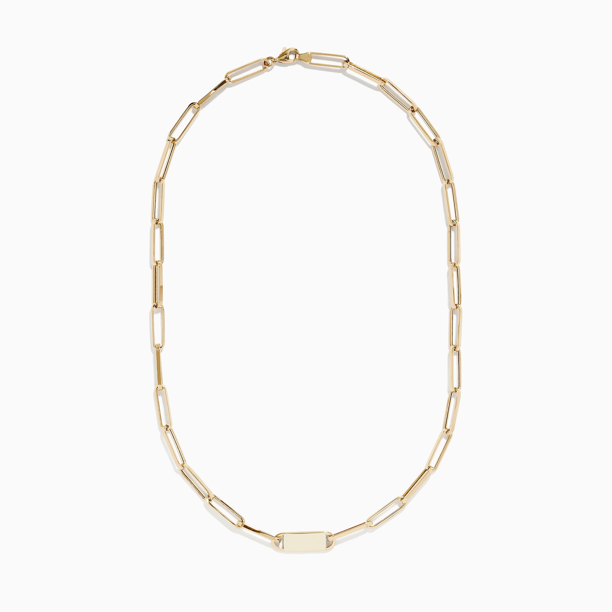 The 14K Yellow Gold 18 Paperclip Mini ID Necklace features elongated oval links and a rectangular center ID plate, displayed against a white background.