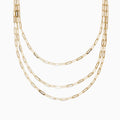The 14K Yellow Gold 18 Layered Paperclip Chain Necklace features three delicate chains with elongated rectangular links, elegantly displayed on a white background for a timeless, sophisticated look.