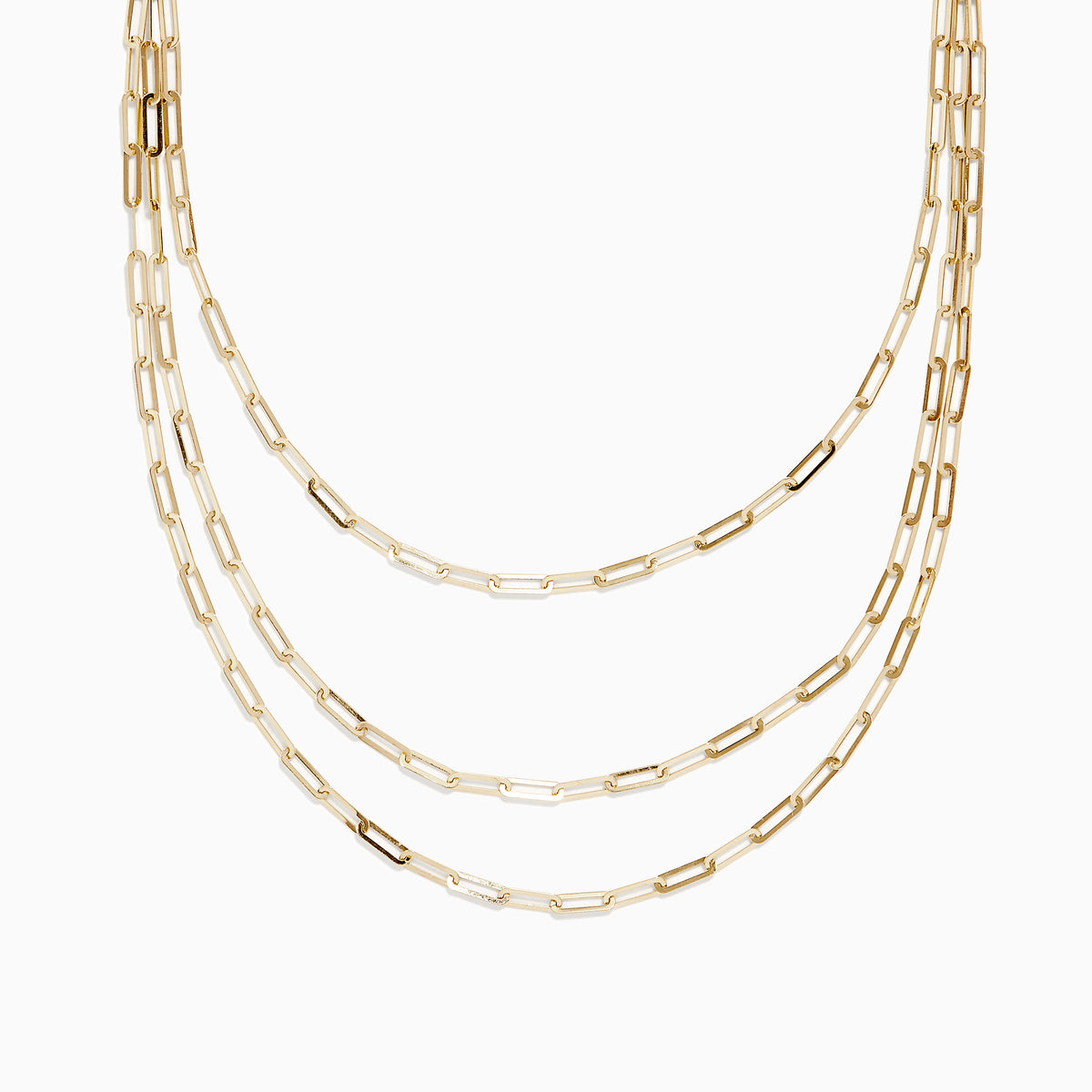 The 14K Yellow Gold 18 Layered Paperclip Chain Necklace features three delicate chains with elongated rectangular links, elegantly displayed on a white background for a timeless, sophisticated look.