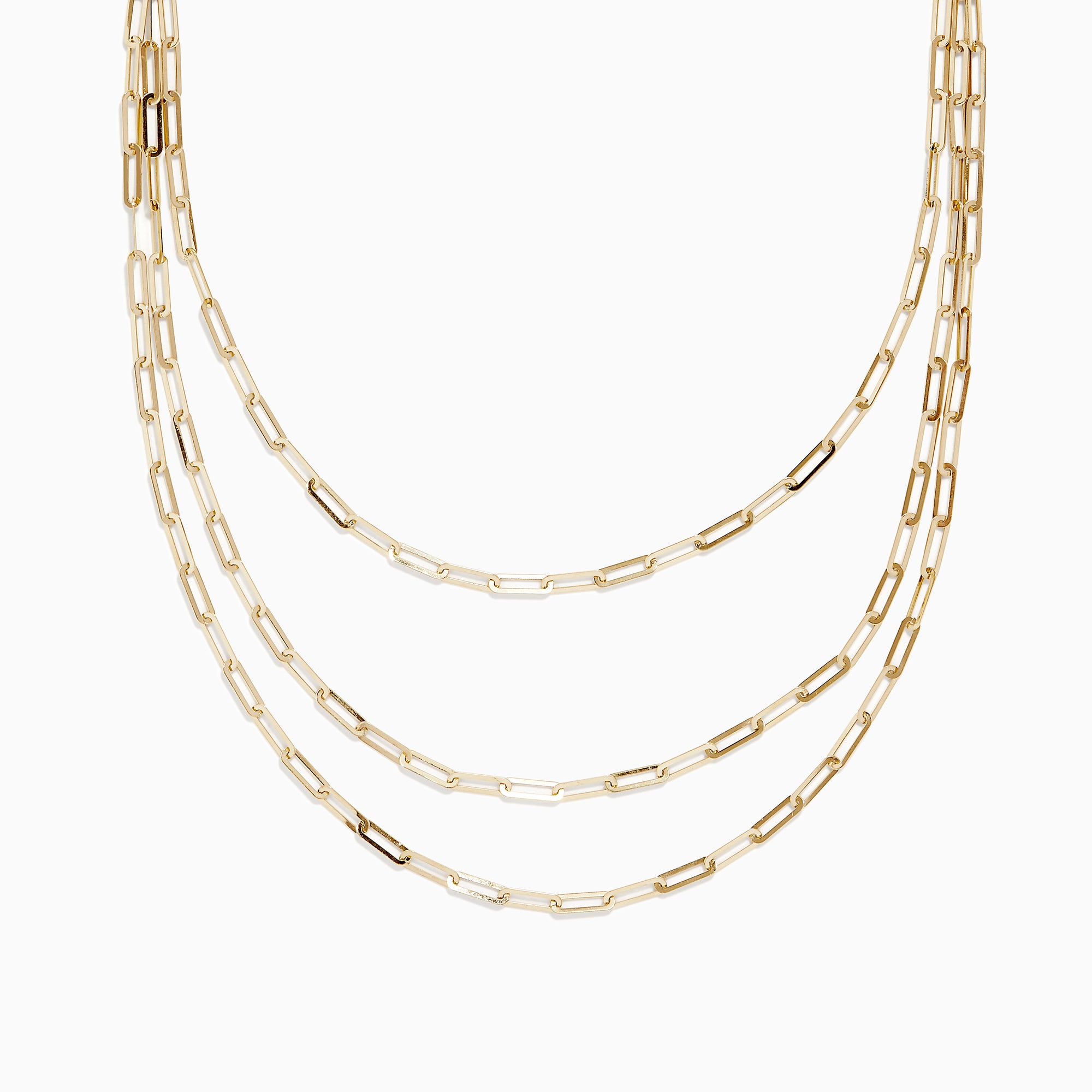 The 14K Yellow Gold 18 Layered Paperclip Chain Necklace features three delicate chains with elongated rectangular links, elegantly displayed on a white background for a timeless, sophisticated look.