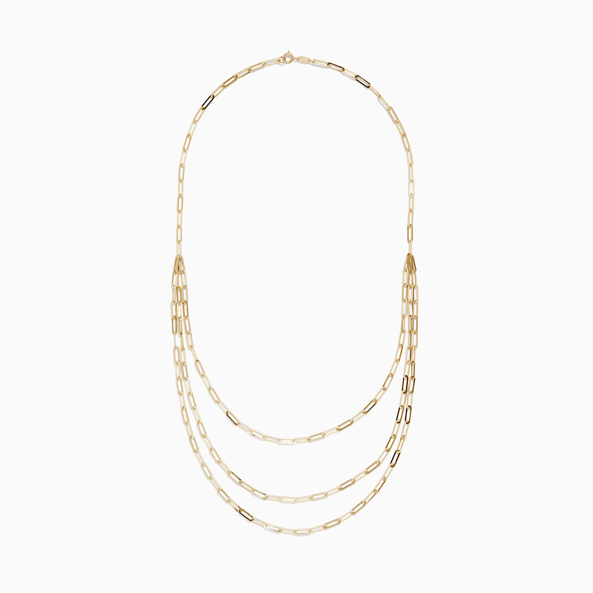 The 14K Yellow Gold 18 Layered Paperclip Chain Necklace features three delicate chains with elongated rectangular links, elegantly displayed on a white background for a timeless, sophisticated look.