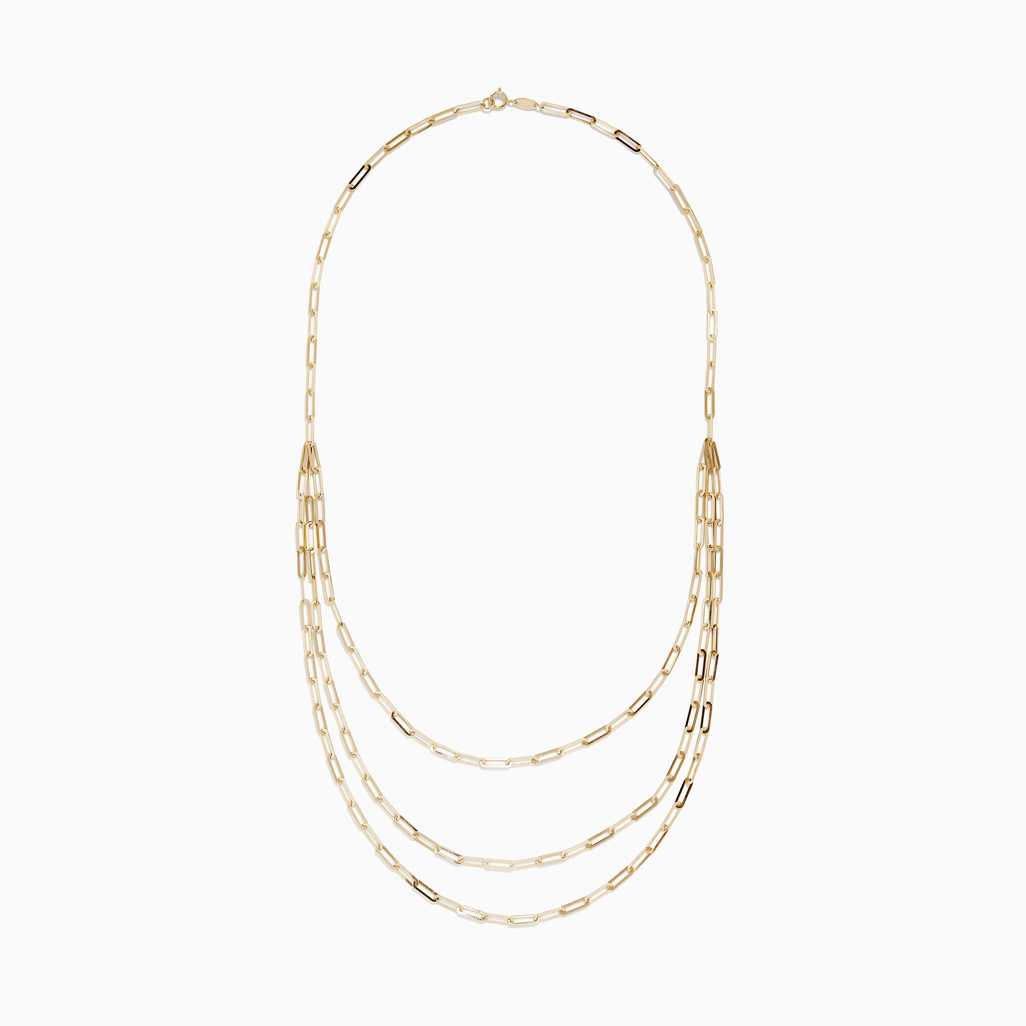 The 14K Yellow Gold 18 Layered Paperclip Chain Necklace features three delicate chains with elongated rectangular links, elegantly displayed on a white background for a timeless, sophisticated look.
