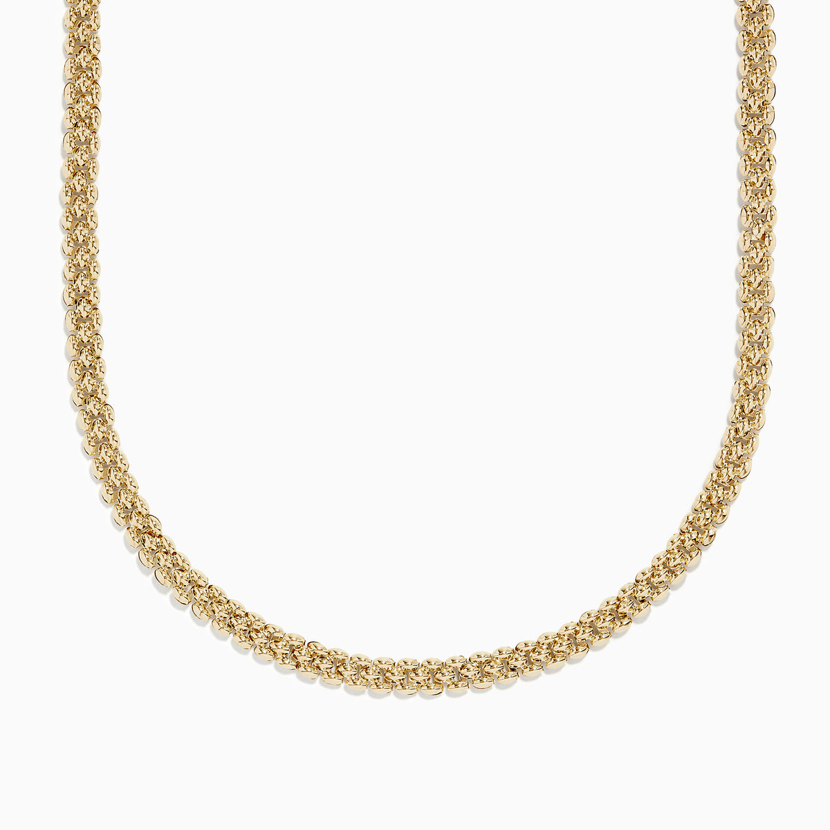 A close-up of the 14K Yellow Gold 18 Oval Beads Necklace, featuring polished oval beads, displayed in a U-shape against a white background.