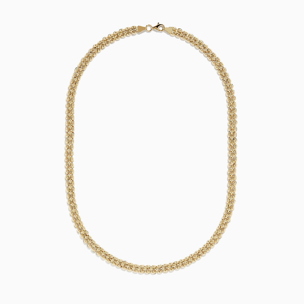 A close-up of the 14K Yellow Gold 18 Oval Beads Necklace, featuring polished oval beads, displayed in a U-shape against a white background.