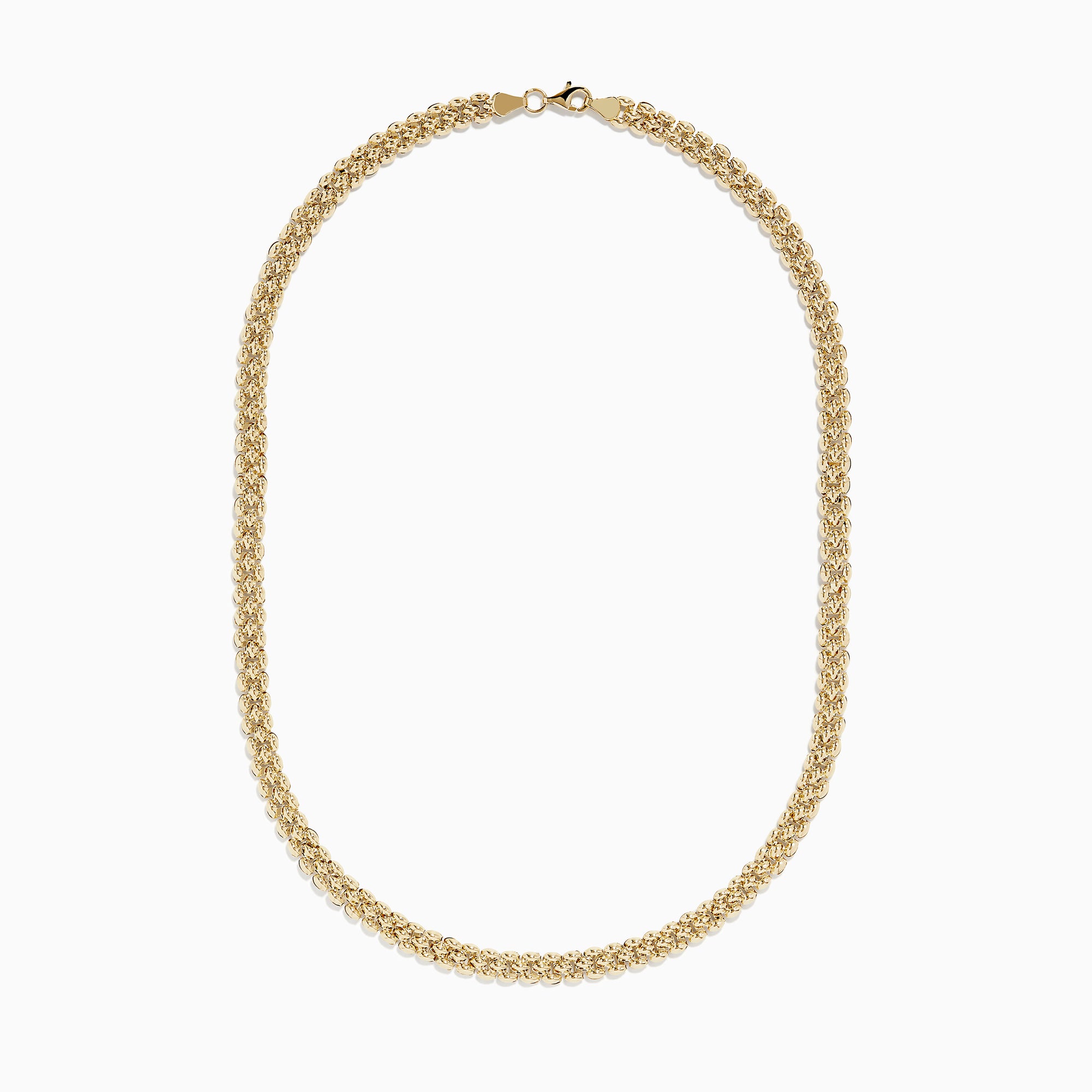 A close-up of the 14K Yellow Gold 18 Oval Beads Necklace, featuring polished oval beads, displayed in a U-shape against a white background.