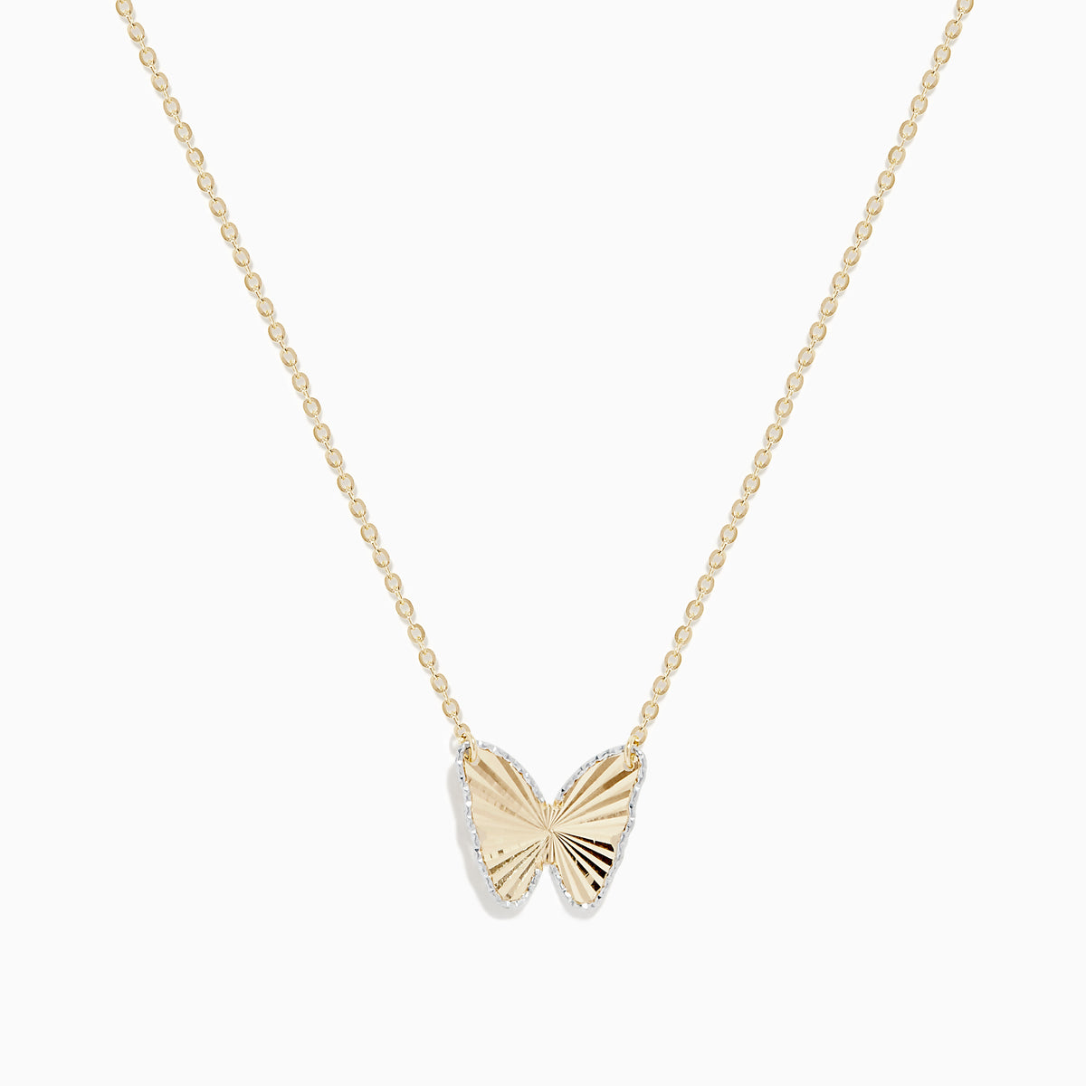 The 14K Yellow Gold Ribbed Butterfly Necklace features a delicate gold chain with a textured butterfly pendant, elegantly showcased against a plain white background.