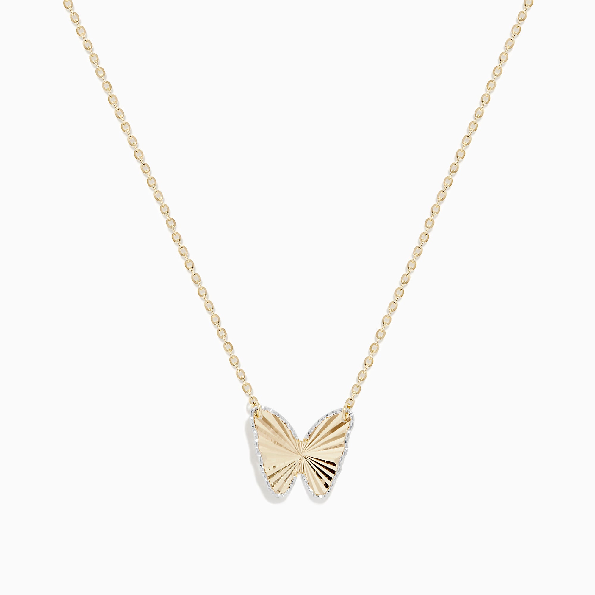 The 14K Yellow Gold Ribbed Butterfly Necklace features a delicate gold chain with a textured butterfly pendant, elegantly showcased against a plain white background.