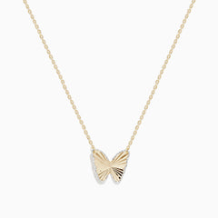 The 14K Yellow Gold Ribbed Butterfly Necklace features a delicate gold chain with a textured butterfly pendant, elegantly showcased against a plain white background.