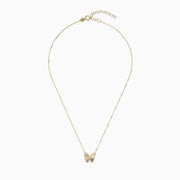 The 14K Yellow Gold Ribbed Butterfly Necklace features a delicate gold chain with a textured butterfly pendant, elegantly showcased against a plain white background.