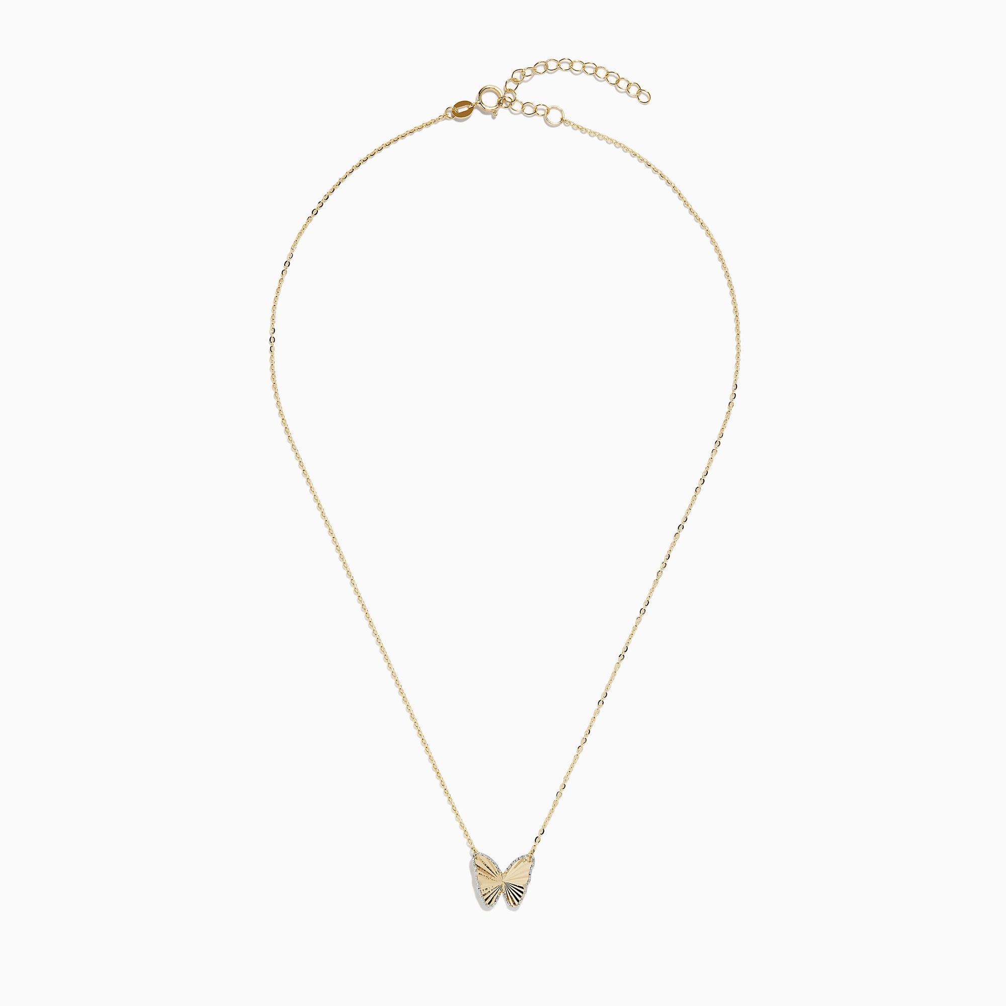 The 14K Yellow Gold Ribbed Butterfly Necklace features a delicate gold chain with a textured butterfly pendant, elegantly showcased against a plain white background.