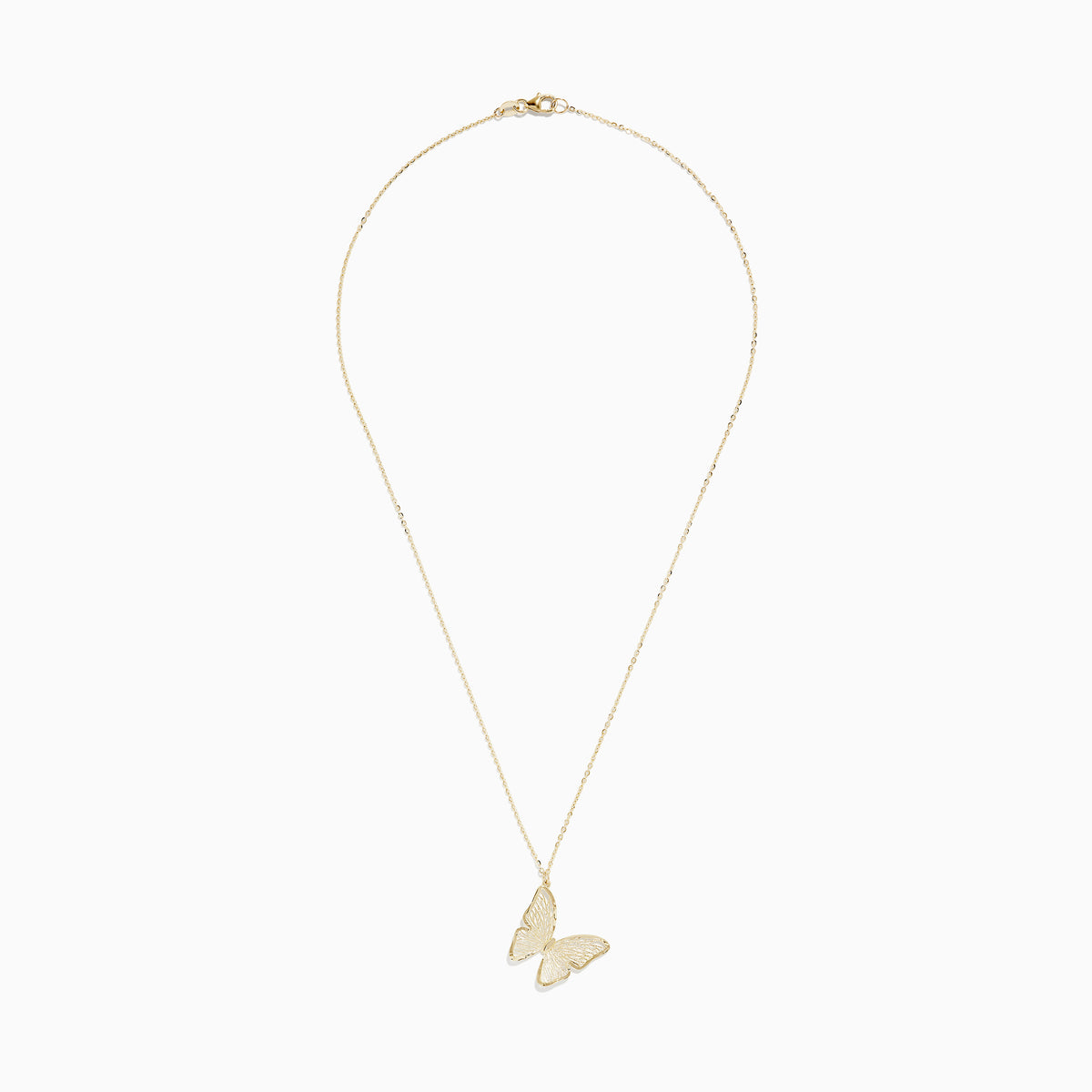 The 14K Yellow Gold Slanted Butterfly Pendant features a delicate gold chain and is displayed against a white background.