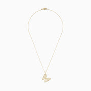 The 14K Yellow Gold Slanted Butterfly Pendant features a delicate gold chain and is displayed against a white background.