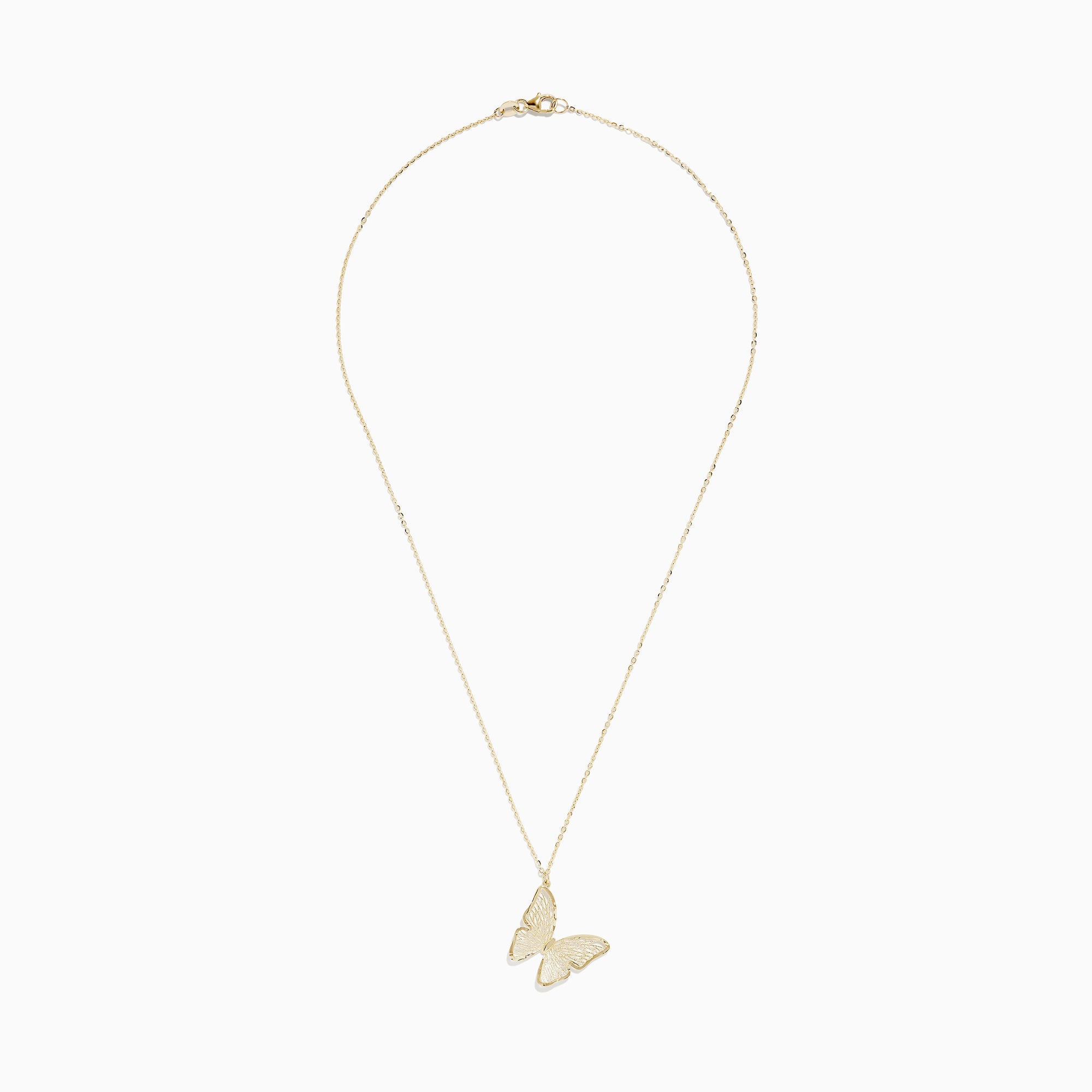 The 14K Yellow Gold Slanted Butterfly Pendant features a delicate gold chain and is displayed against a white background.