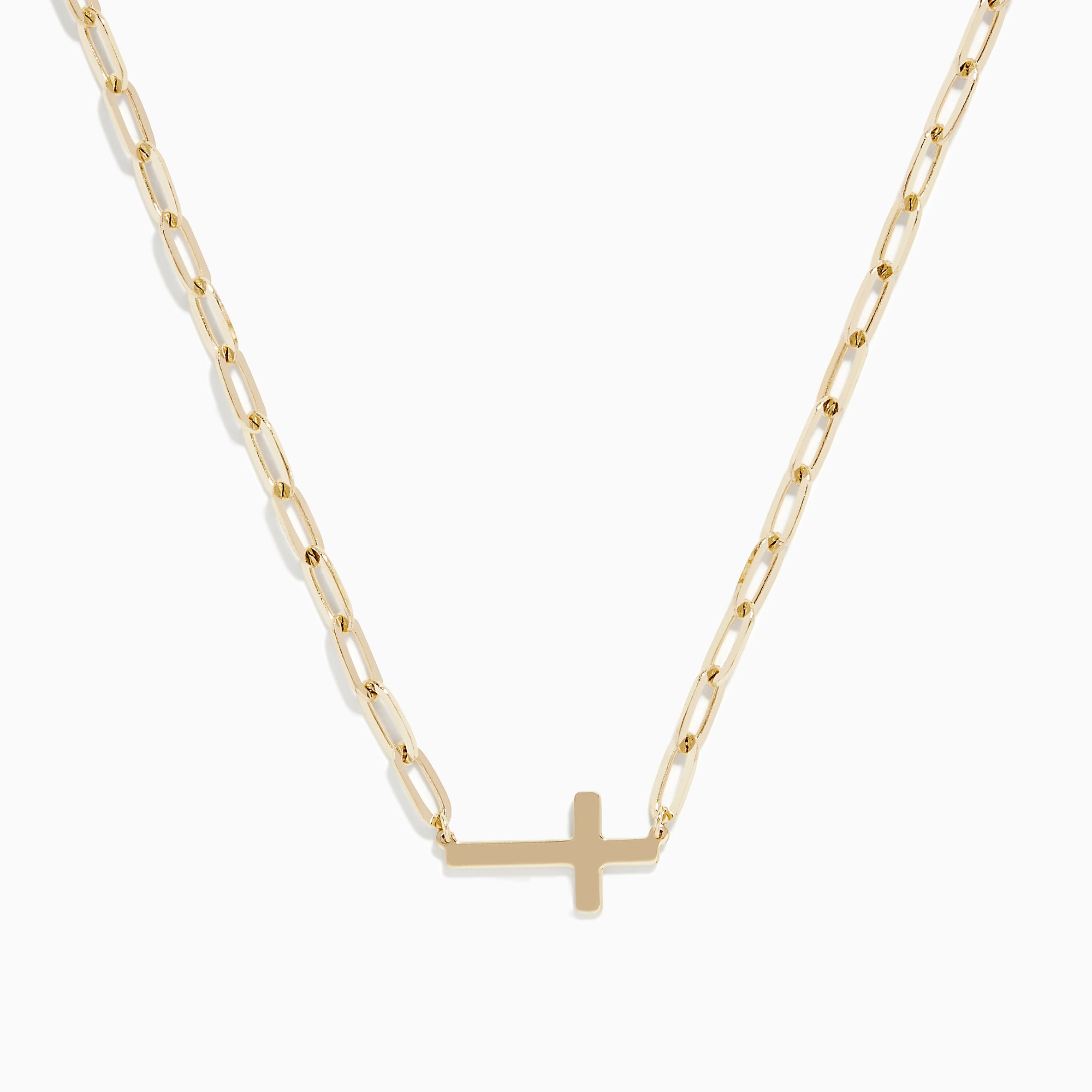 The 14K Yellow Gold West-East Cross Paperclip Chain Necklace 17 features a delicate paperclip chain and a small horizontal cross pendant, all crafted in 14K yellow gold.