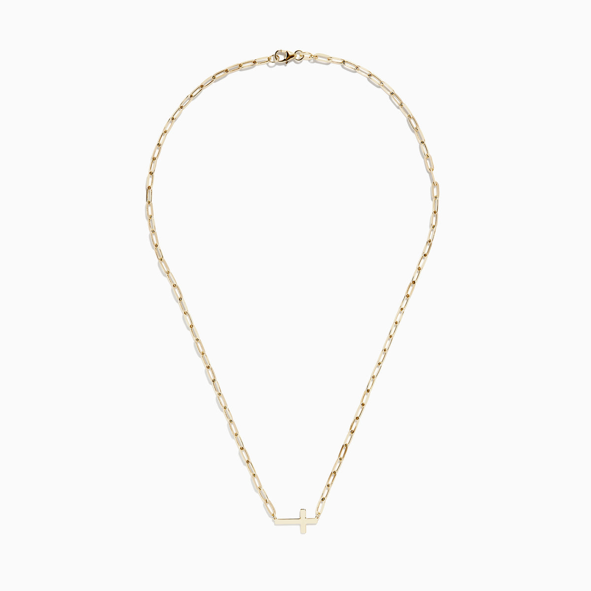 The 14K Yellow Gold West-East Cross Paperclip Chain Necklace 17 features a delicate paperclip chain and a small horizontal cross pendant, all crafted in 14K yellow gold.