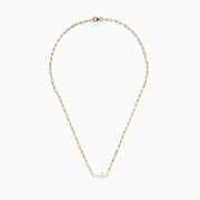 The 14K Yellow Gold West-East Cross Paperclip Chain Necklace 17 features a delicate paperclip chain and a small horizontal cross pendant, all crafted in 14K yellow gold.