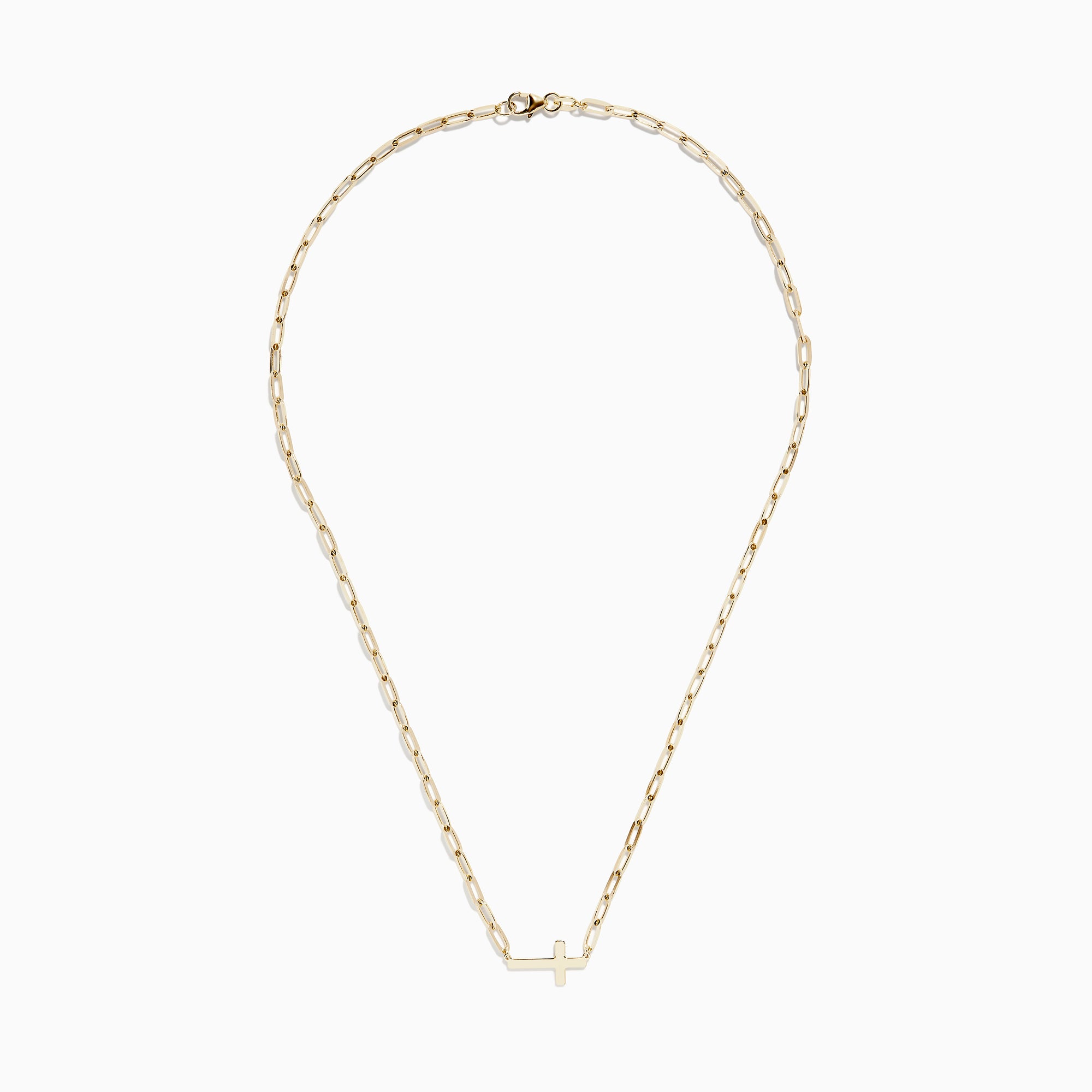 The 14K Yellow Gold West-East Cross Paperclip Chain Necklace 17 features a delicate paperclip chain and a small horizontal cross pendant, all crafted in 14K yellow gold.