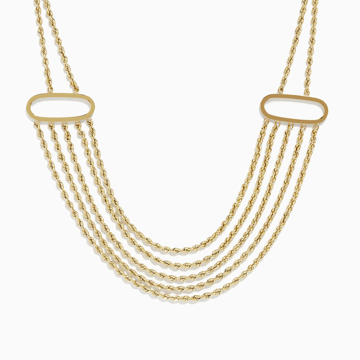 The 14K Yellow Gold Layered Rope Necklace features five twisted chain strands, each joined by two oval-shaped gold links on either side.