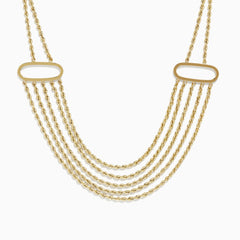 The 14K Yellow Gold Layered Rope Necklace features five twisted chain strands, each joined by two oval-shaped gold links on either side.