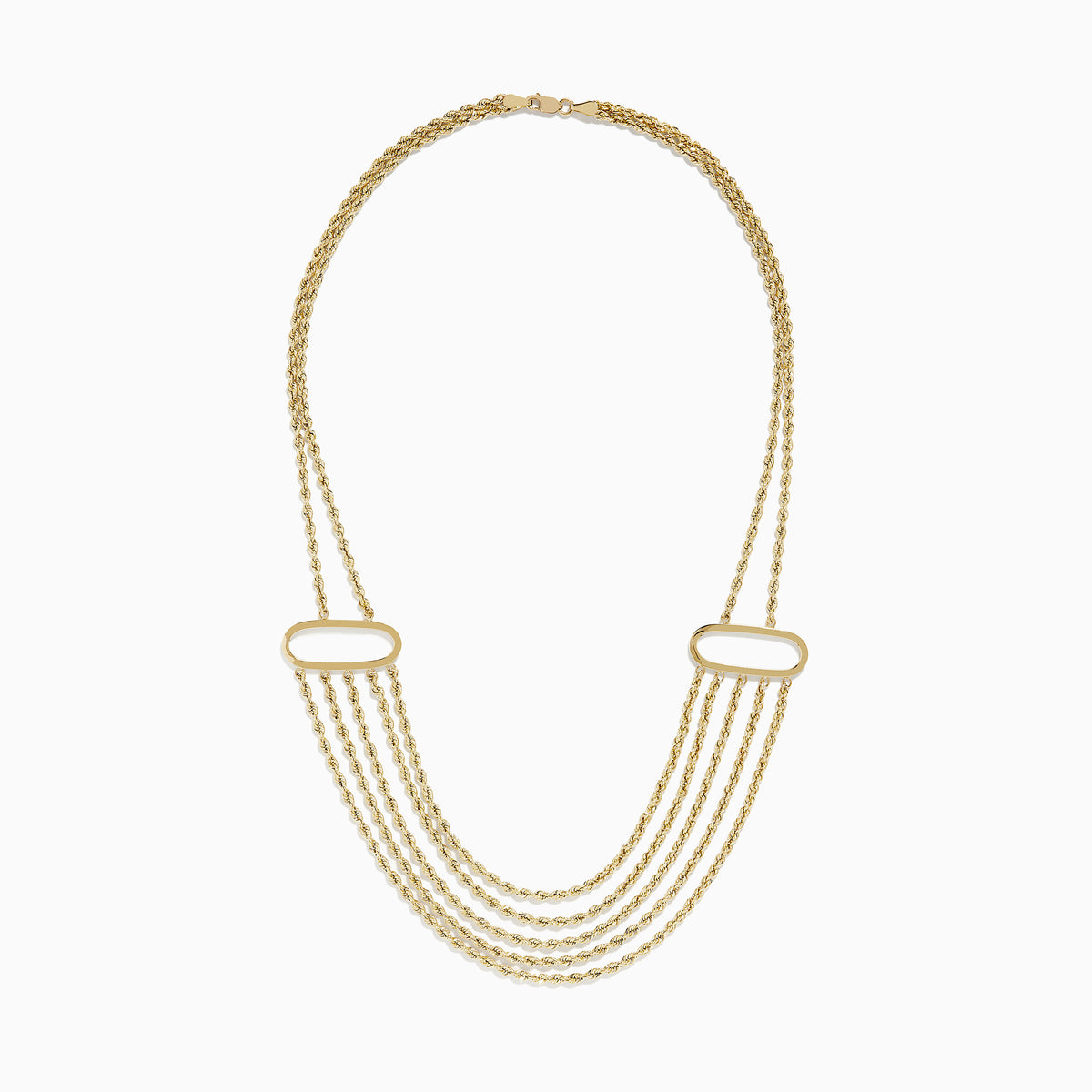 The 14K Yellow Gold Layered Rope Necklace features five twisted chain strands, each joined by two oval-shaped gold links on either side.