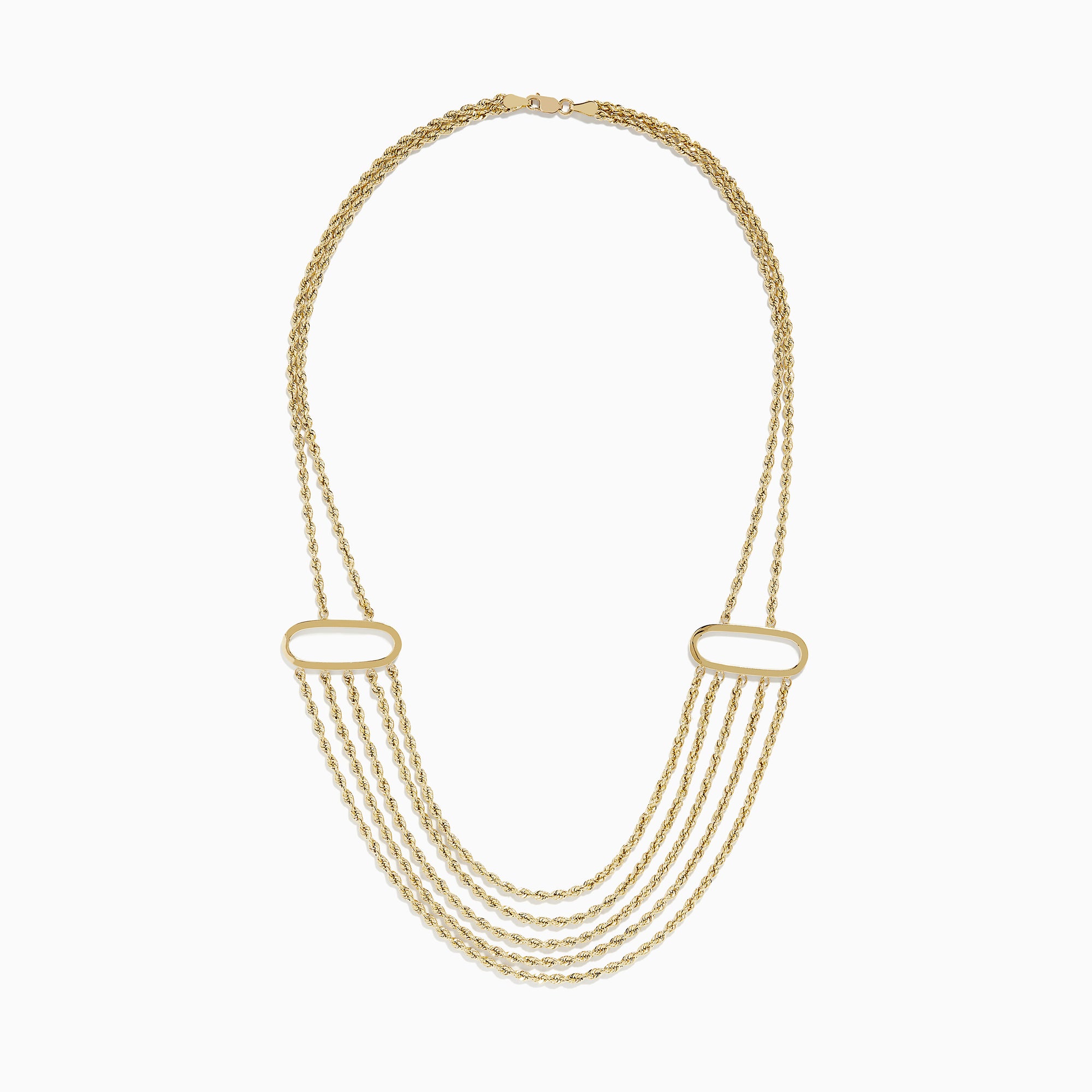 The 14K Yellow Gold Layered Rope Necklace features five twisted chain strands, each joined by two oval-shaped gold links on either side.