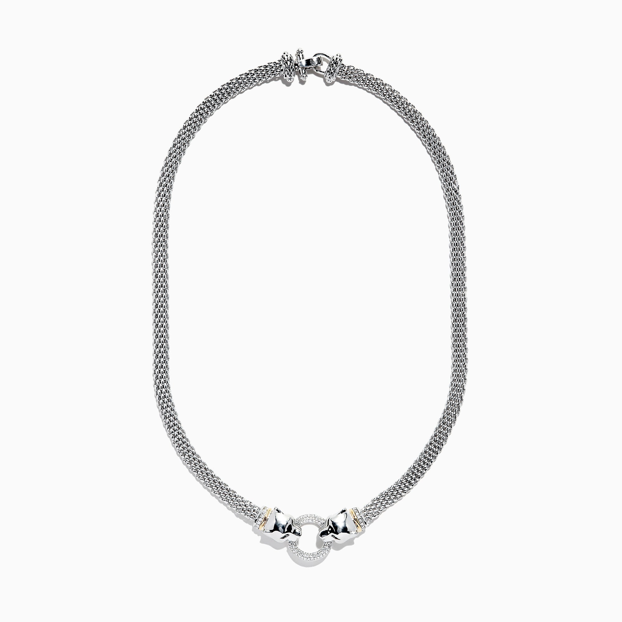 The Signature Sterling Silver & 18K Gold Diamond and Tsavorite Panther Necklace (0.48 TCW) showcases two sculpted panther heads with gripping rings adorned with diamonds and tsavorites, elegantly connecting both sides of the textured chain.