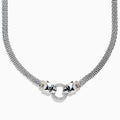The Signature Sterling Silver & 18K Gold Diamond and Tsavorite Panther Necklace (0.48 TCW) showcases two sculpted panther heads with gripping rings adorned with diamonds and tsavorites, elegantly connecting both sides of the textured chain.
