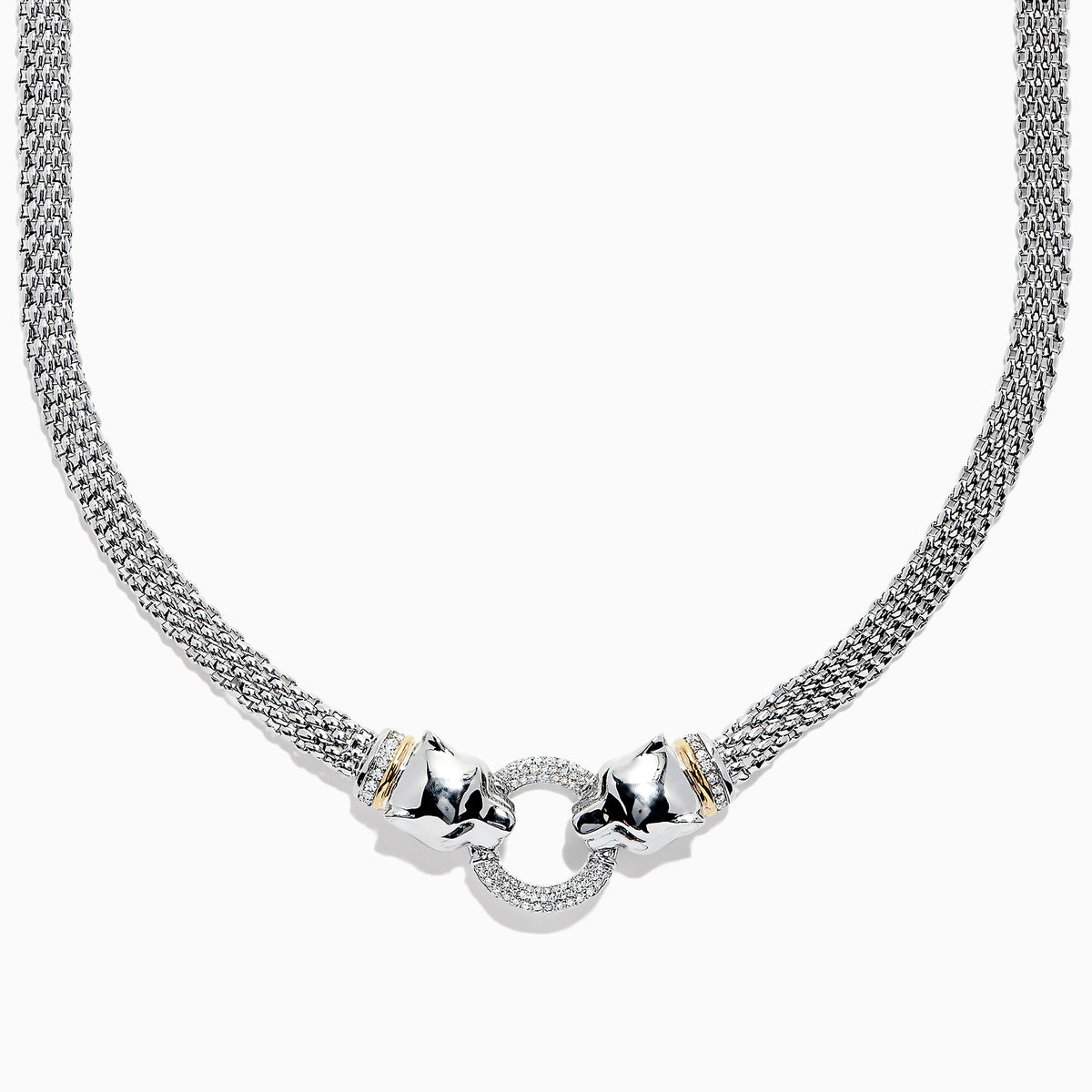 The Signature Sterling Silver & 18K Gold Diamond and Tsavorite Panther Necklace (0.48 TCW) showcases two sculpted panther heads with gripping rings adorned with diamonds and tsavorites, elegantly connecting both sides of the textured chain.
