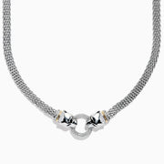 The Signature Sterling Silver & 18K Gold Diamond and Tsavorite Panther Necklace (0.48 TCW) showcases two sculpted panther heads with gripping rings adorned with diamonds and tsavorites, elegantly connecting both sides of the textured chain.