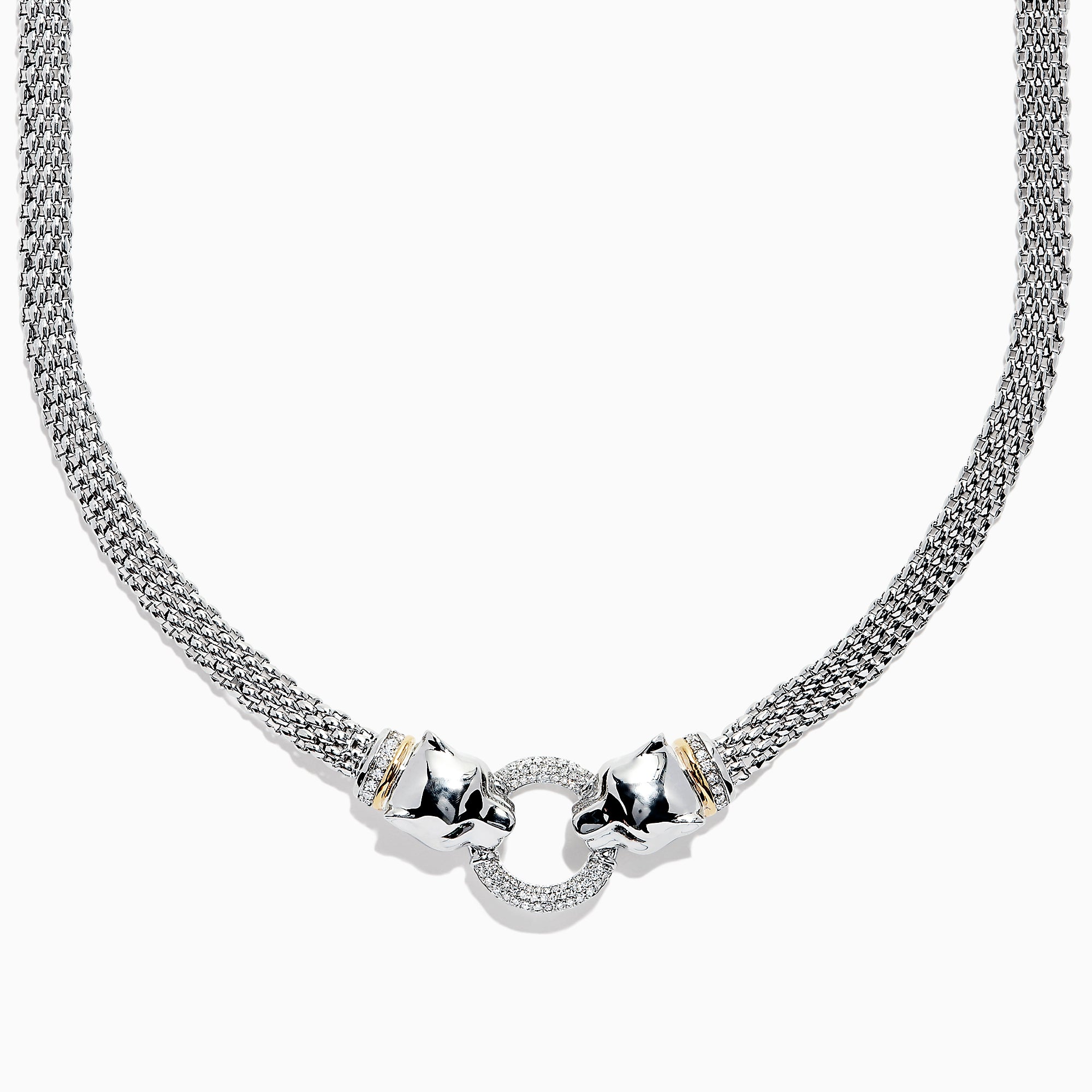 The Signature Sterling Silver & 18K Gold Diamond and Tsavorite Panther Necklace (0.48 TCW) showcases two sculpted panther heads with gripping rings adorned with diamonds and tsavorites, elegantly connecting both sides of the textured chain.