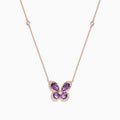 The Nature 14K Rose Gold Amethyst and Diamond Butterfly Necklace (1.27 TCW) features amethyst gemstone wings, diamond-outlined edges, and a fine chain accented with sparkling diamonds.