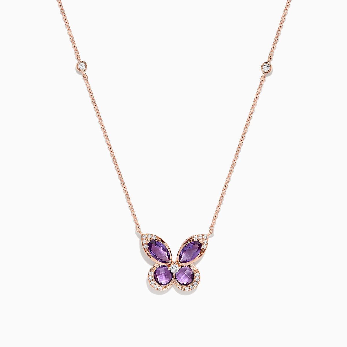 The Nature 14K Rose Gold Amethyst and Diamond Butterfly Necklace (1.27 TCW) features amethyst gemstone wings, diamond-outlined edges, and a fine chain accented with sparkling diamonds.