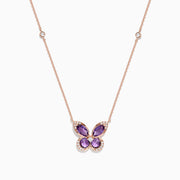 The Nature 14K Rose Gold Amethyst and Diamond Butterfly Necklace (1.27 TCW) features amethyst gemstone wings, diamond-outlined edges, and a fine chain accented with sparkling diamonds.