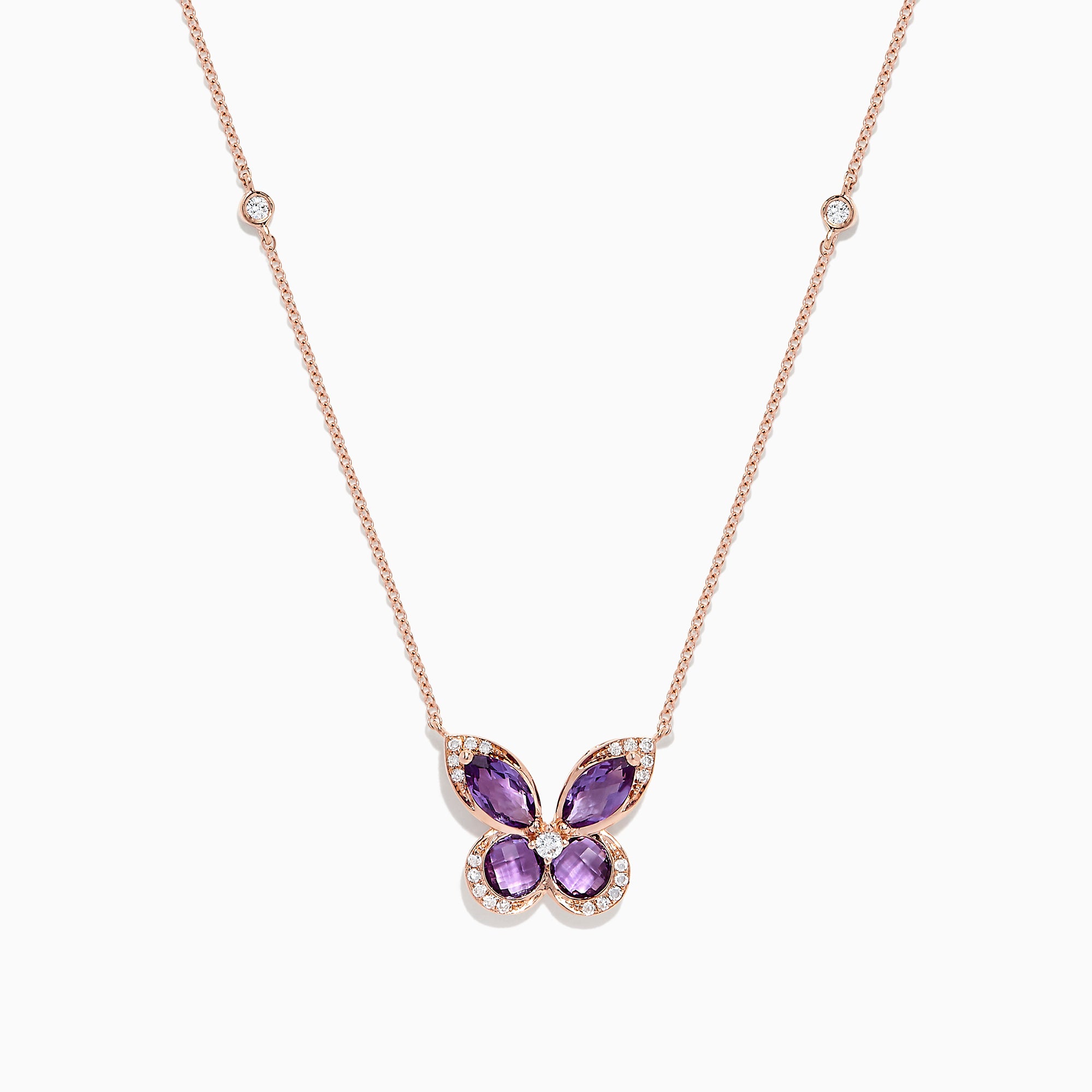 The Nature 14K Rose Gold Amethyst and Diamond Butterfly Necklace (1.27 TCW) features amethyst gemstone wings, diamond-outlined edges, and a fine chain accented with sparkling diamonds.