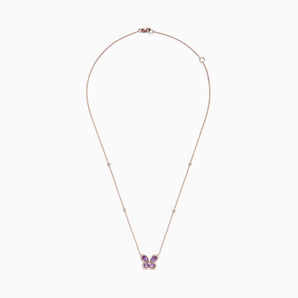 The Nature 14K Rose Gold Amethyst and Diamond Butterfly Necklace (1.27 TCW) features amethyst gemstone wings, diamond-outlined edges, and a fine chain accented with sparkling diamonds.