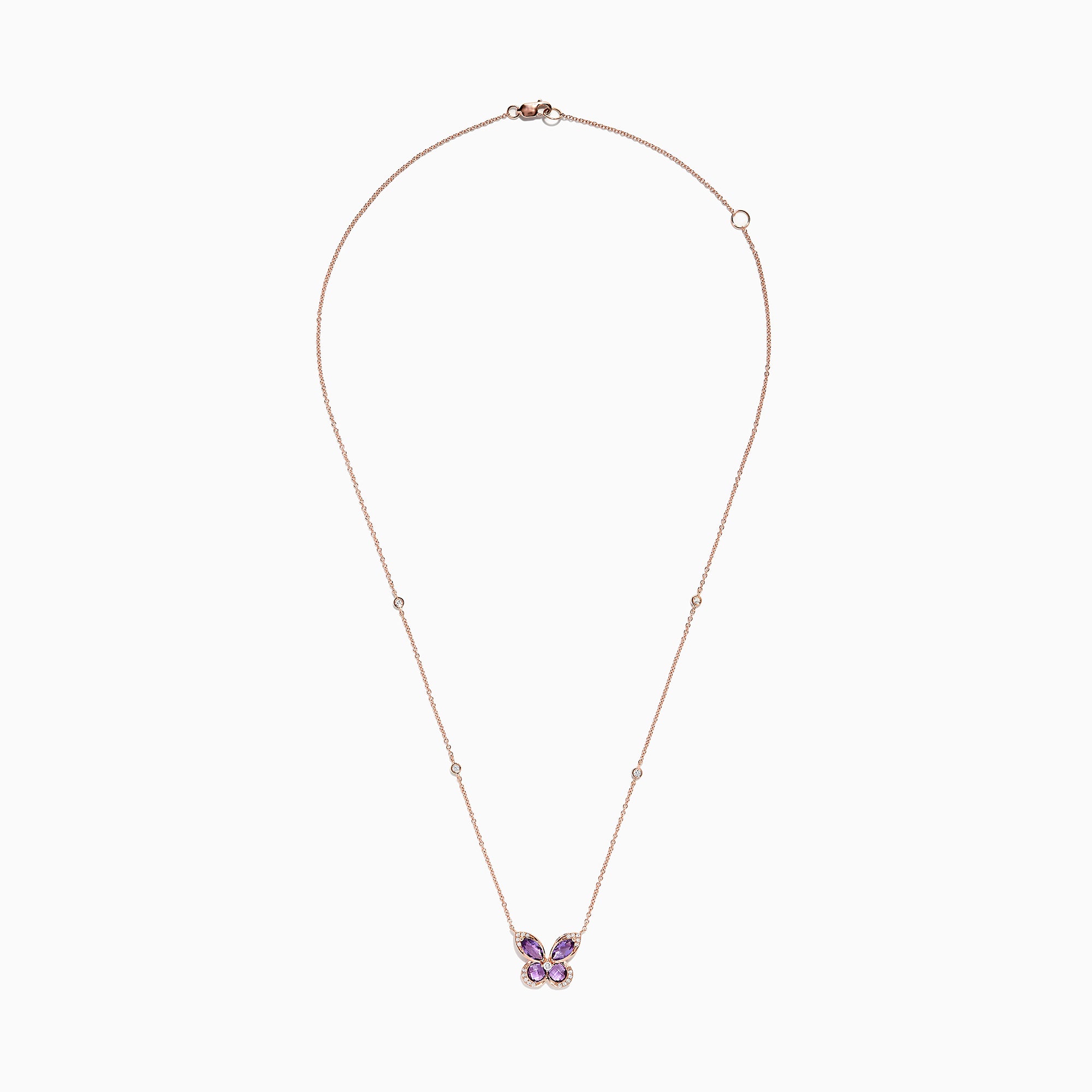 The Nature 14K Rose Gold Amethyst and Diamond Butterfly Necklace (1.27 TCW) features amethyst gemstone wings, diamond-outlined edges, and a fine chain accented with sparkling diamonds.