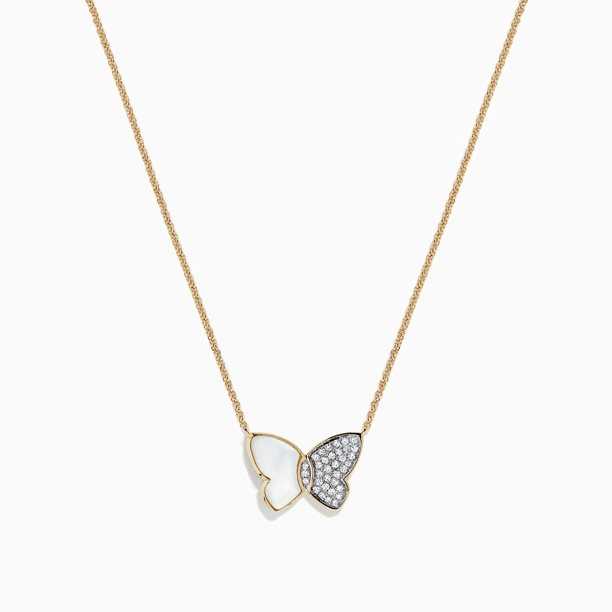 The nature 14K Gold Mother of Pearl & Diamond Butterfly Necklace, 0.11 TCW features a butterfly pendant with one wing of luminous white Mother of Pearl and the other delicately accented with sparkling diamonds.