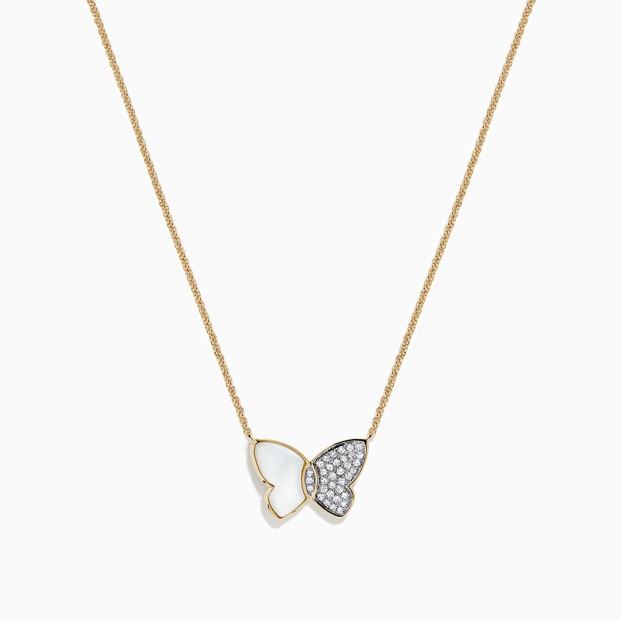 The nature 14K Gold Mother of Pearl & Diamond Butterfly Necklace, 0.11 TCW features a butterfly pendant with one wing of luminous white Mother of Pearl and the other delicately accented with sparkling diamonds.