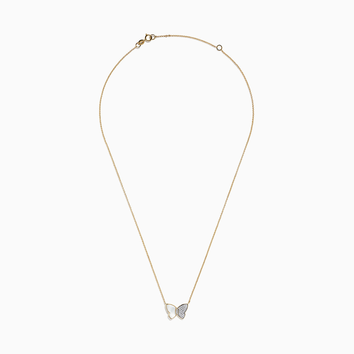 The nature 14K Gold Mother of Pearl & Diamond Butterfly Necklace, 0.11 TCW features a butterfly pendant with one wing of luminous white Mother of Pearl and the other delicately accented with sparkling diamonds.