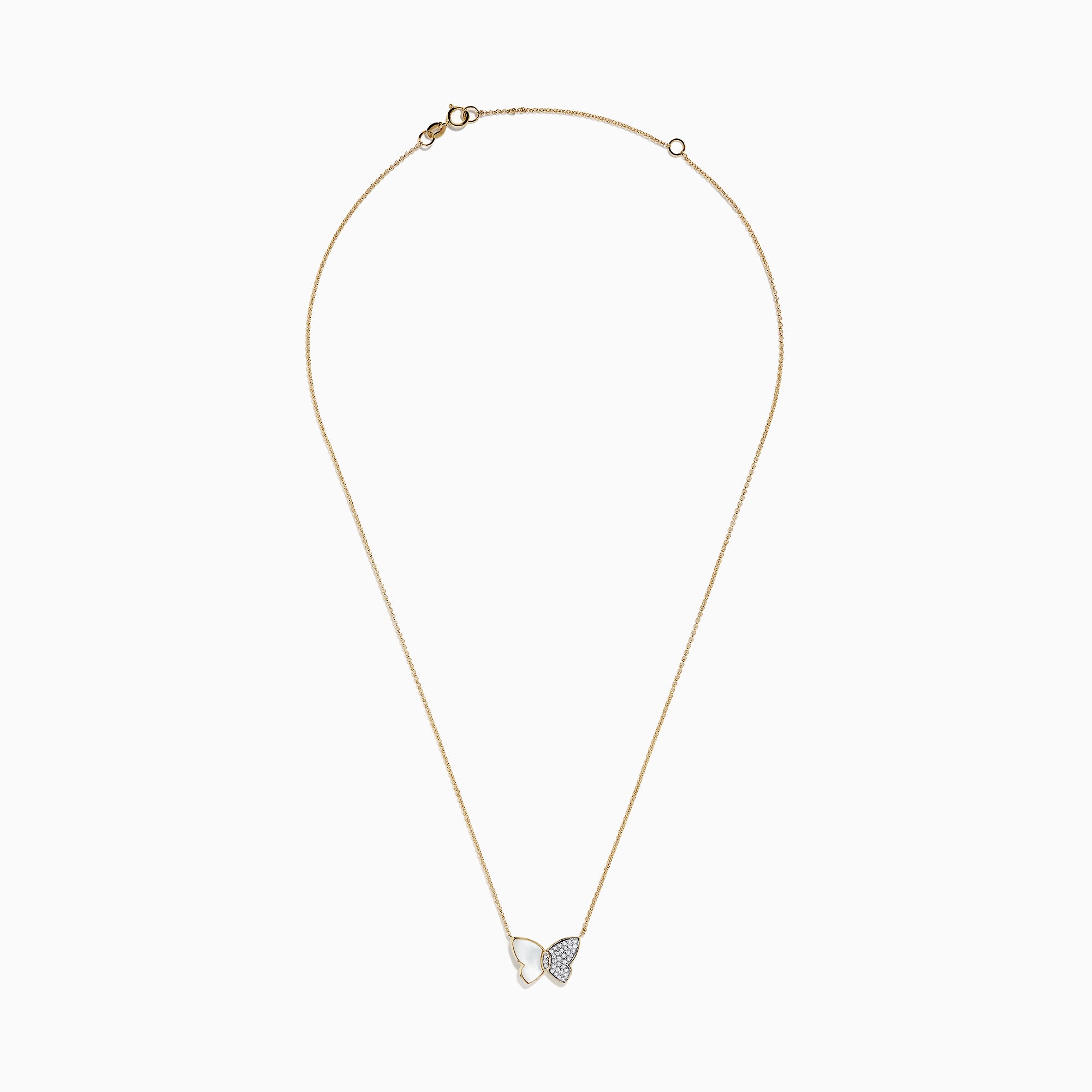 The nature 14K Gold Mother of Pearl & Diamond Butterfly Necklace, 0.11 TCW features a butterfly pendant with one wing of luminous white Mother of Pearl and the other delicately accented with sparkling diamonds.