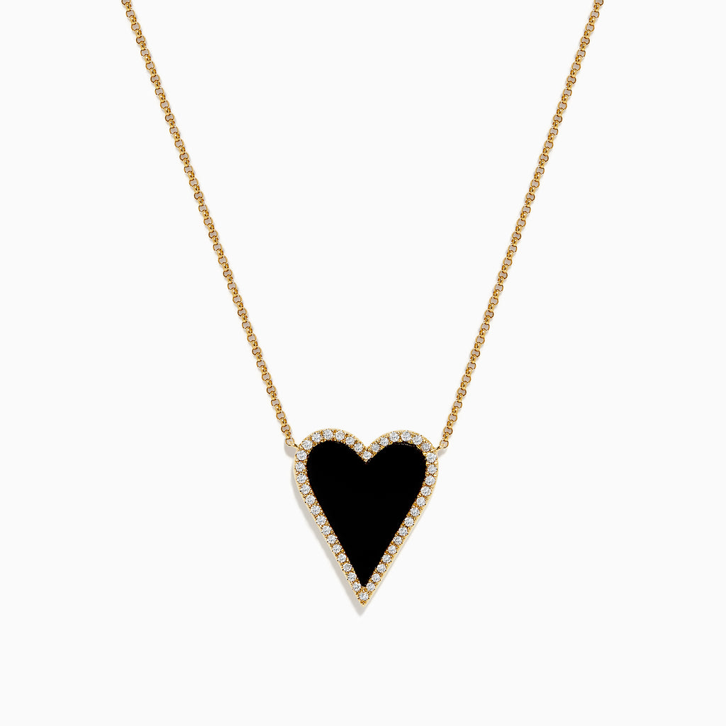 Effy Novelty 14K Yellow Gold Onyx and Diamond Elongated Heart Pendant