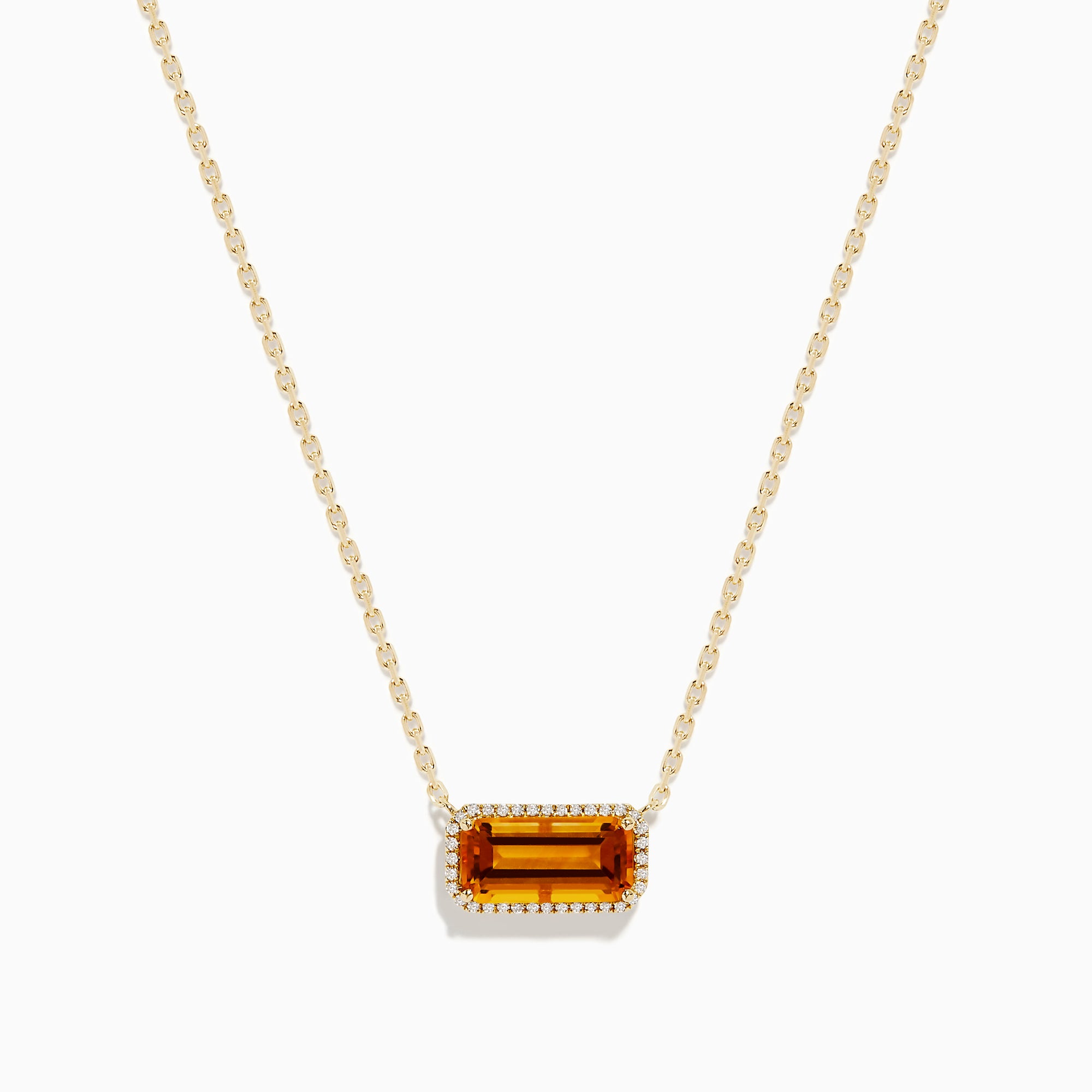 The Sunset 14K Yellow Gold Citrine and Diamond Necklace features a rectangular citrine pendant with a delicate bead border.