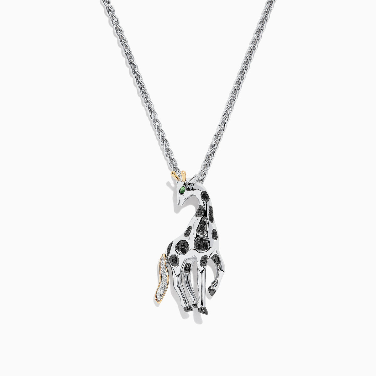 The Safari Sterling Silver Black Diamond Giraffe Pendant (0.13 TCW) features black spots, a green eye, and a gold-accented tail—part of the Effy Safari collection.