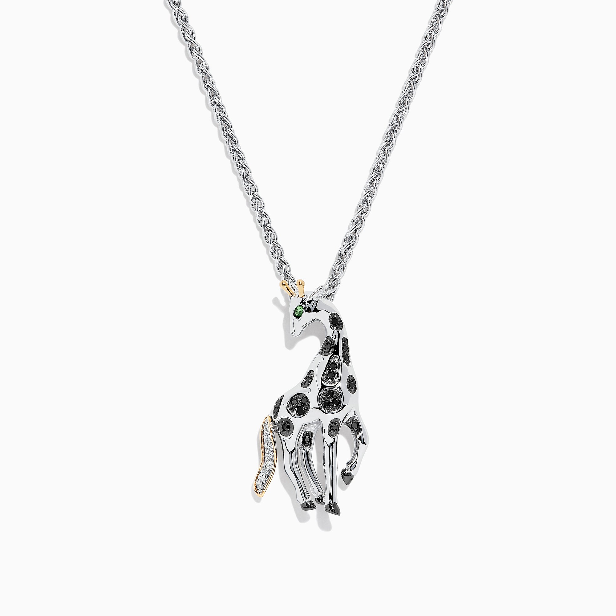 The Safari Sterling Silver Black Diamond Giraffe Pendant (0.13 TCW) features black spots, a green eye, and a gold-accented tail—part of the Effy Safari collection.