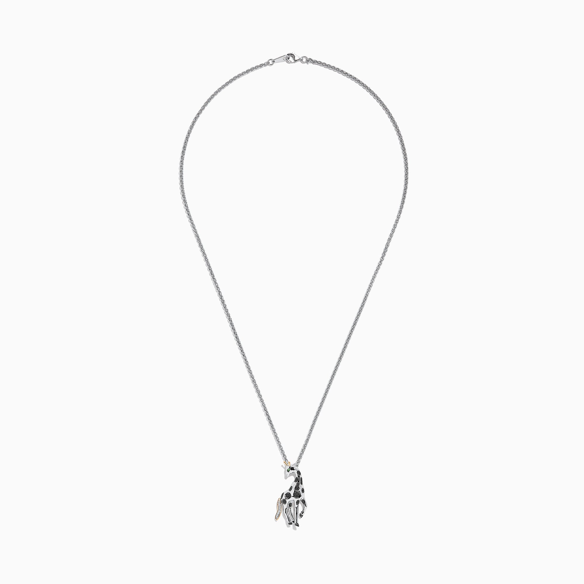 The Safari Sterling Silver Black Diamond Giraffe Pendant (0.13 TCW) features black spots, a green eye, and a gold-accented tail—part of the Effy Safari collection.