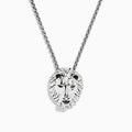 The 925 Sterling Silver Black Diamond Lion Pendant (0.07 TCW) showcases a lions head with detailed features and black diamond eyes, suspended from a twisted chain.